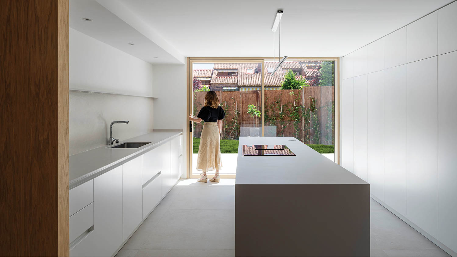 all grey kitchen with wooden frame