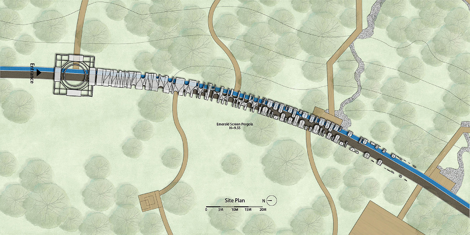 a map of a train going through a forest