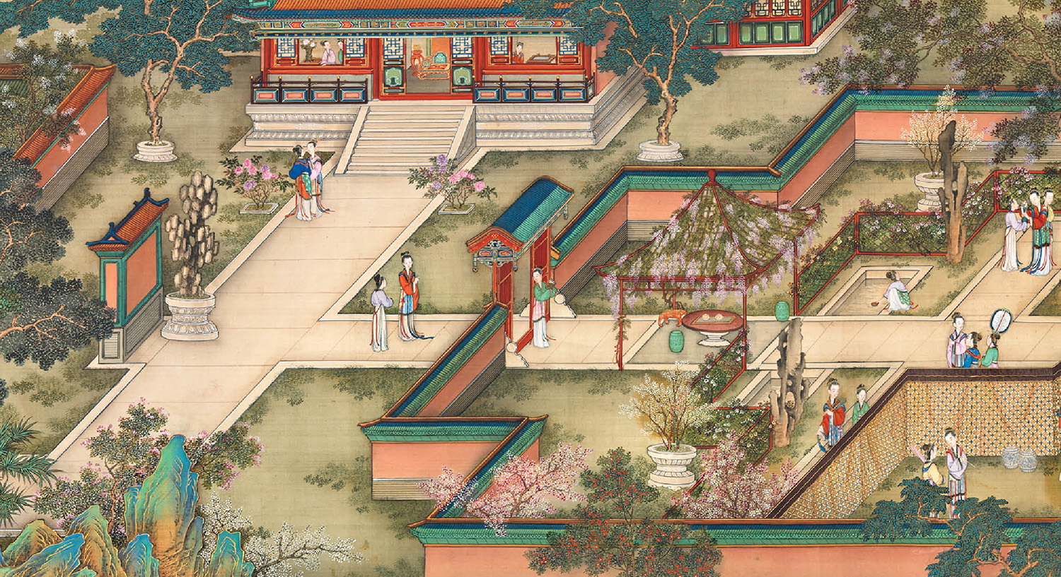 A painting of a garden with people and trees