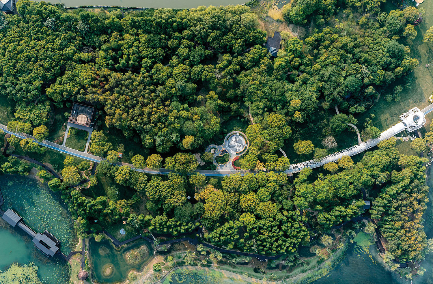 A bird's eye view of a park with a river and a bridge