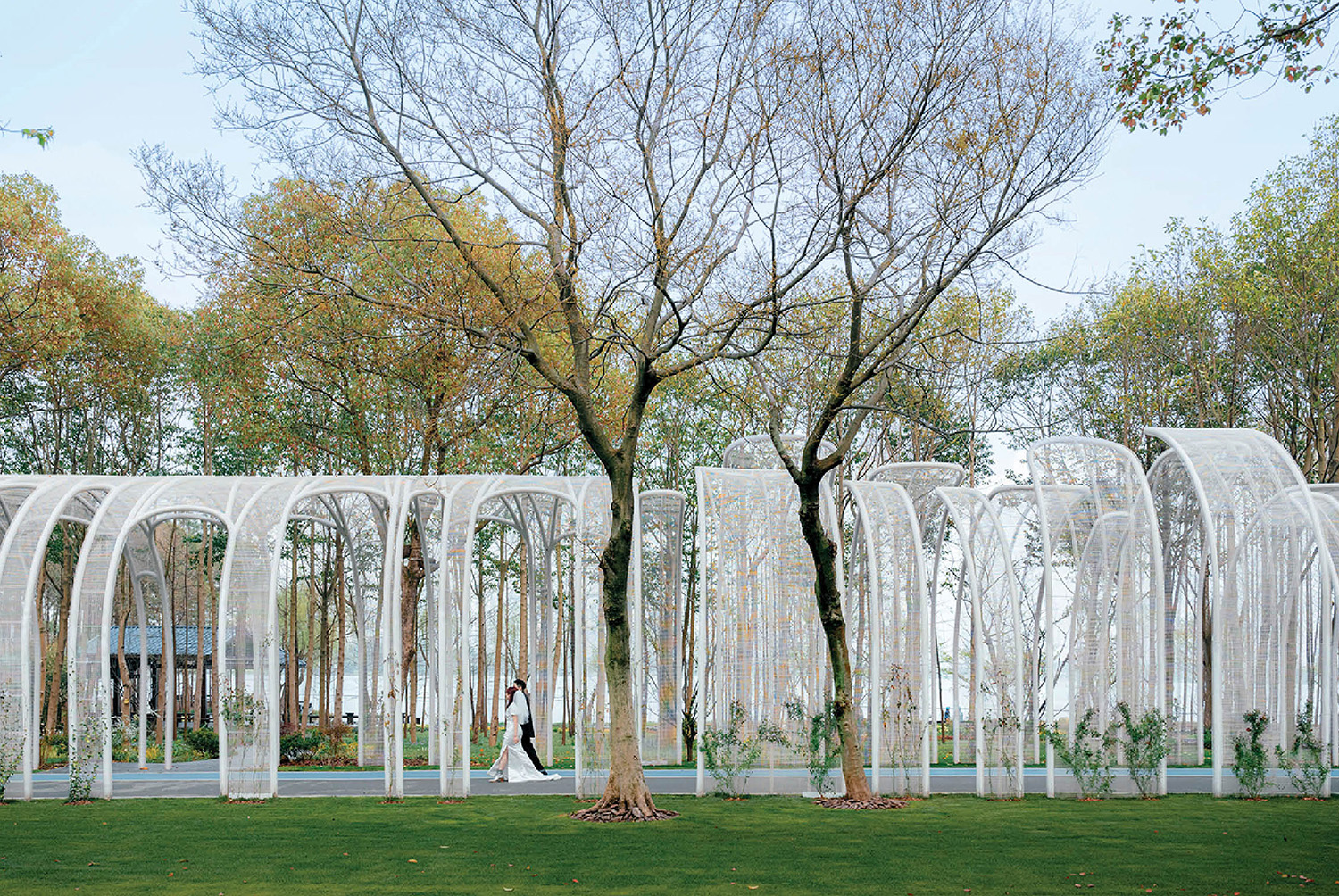 A couple standing in a park with a white structure