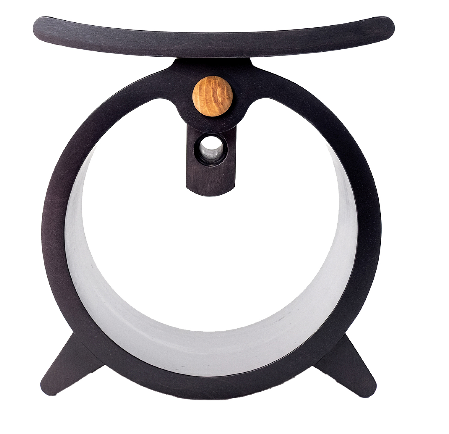 A black and white stool with a wooden seat