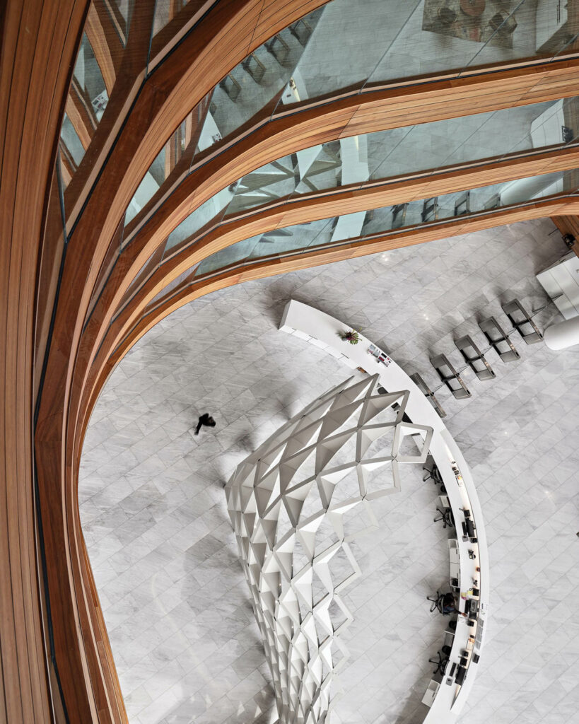 a view into the lobby of the capitol one building from above