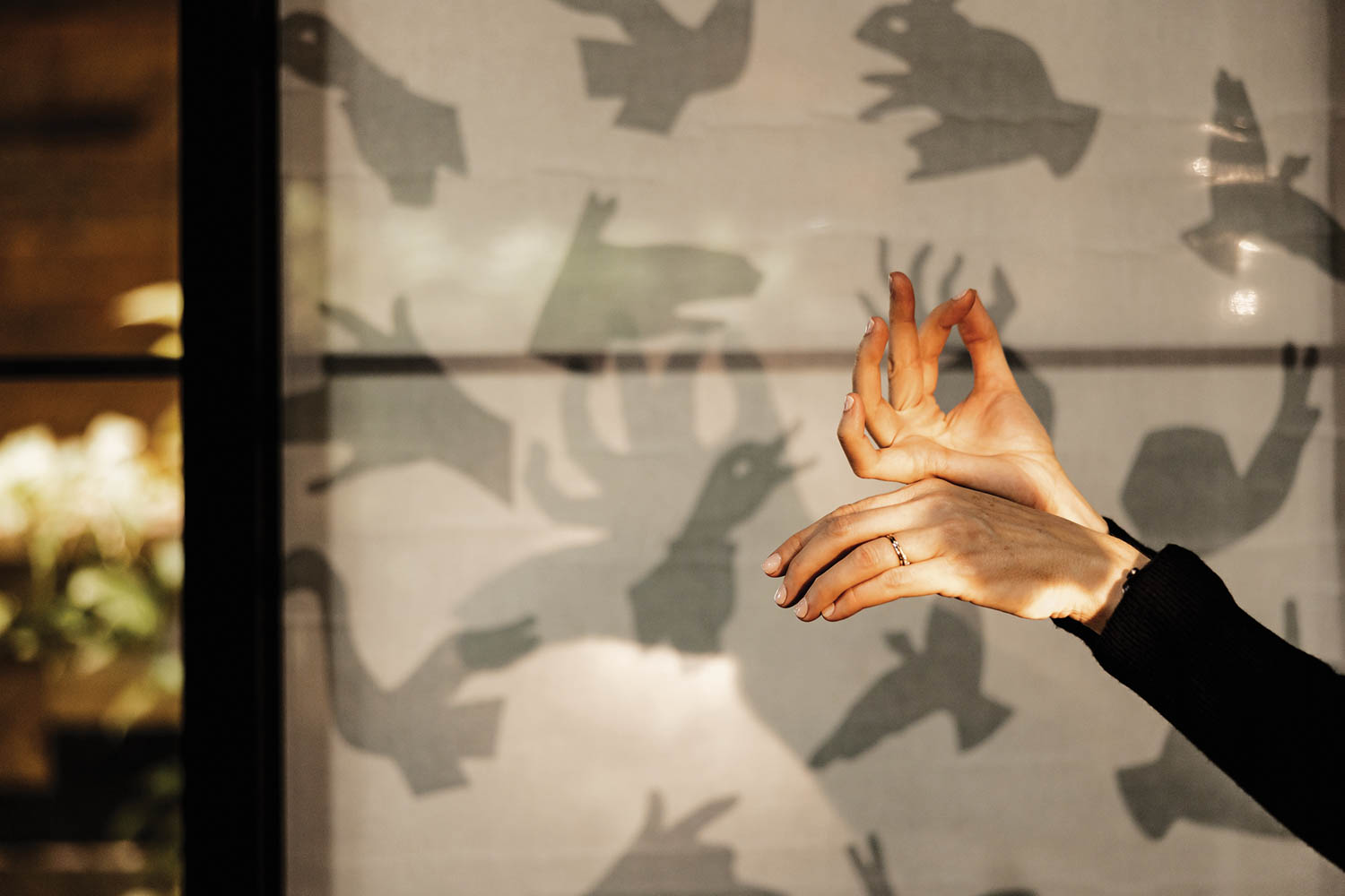 two hands creating shadows on a wallcovering