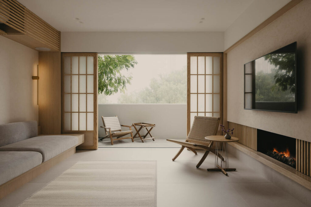 minimalist living room that opens to a patio