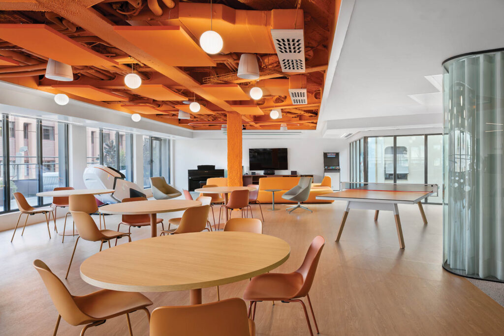 dining area with orange exposed ceiling