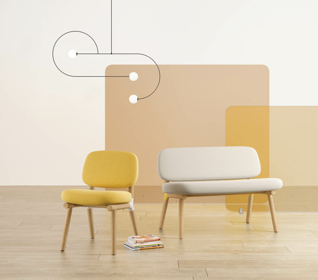 yellow chair and white long chair against a tan background