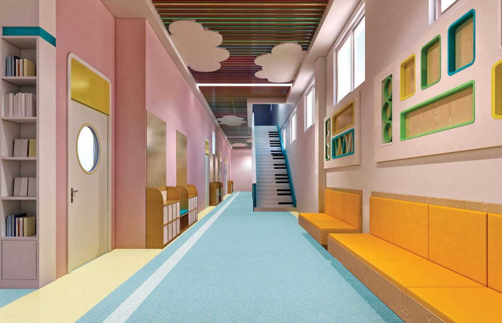 pink room with pastel blue stairs that look like a piano, benches and cloud ceiling