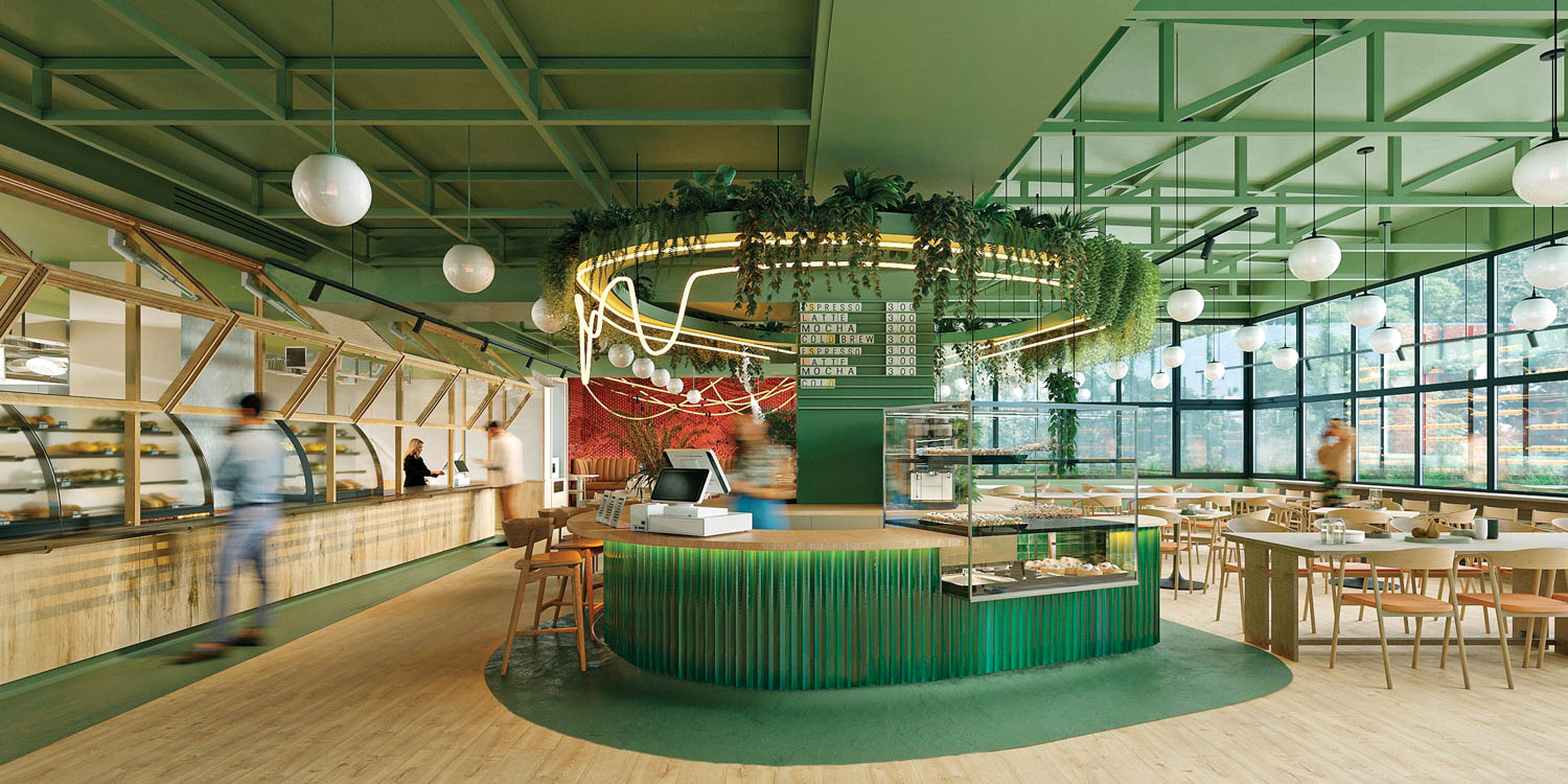 all green coffee area with green ceiling, wooden flooring and orb chandelier