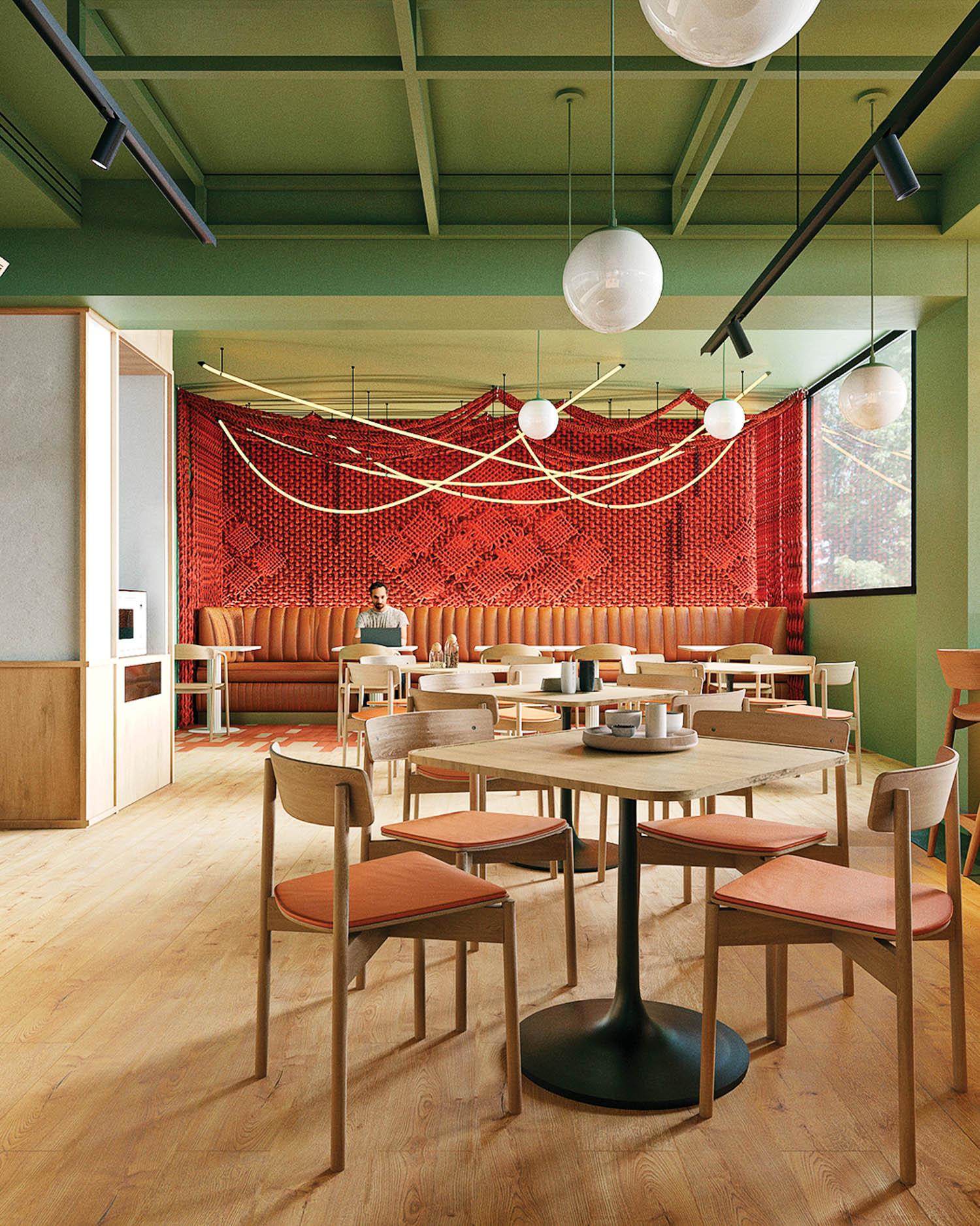 dining area with dark green ceiling and orb chandelier