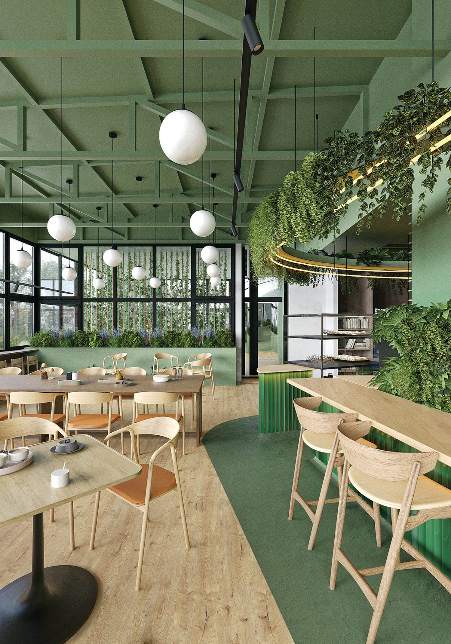 all green dining room with wooden chairs and orb chandeliers