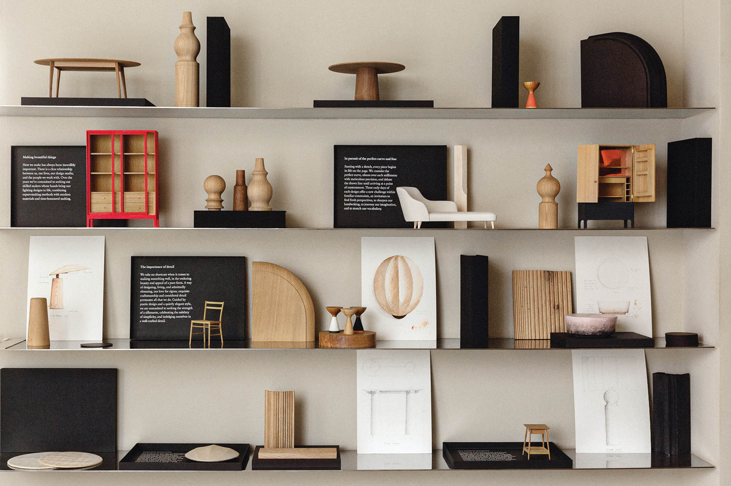 mahogany shelves filled with knicknacks and books