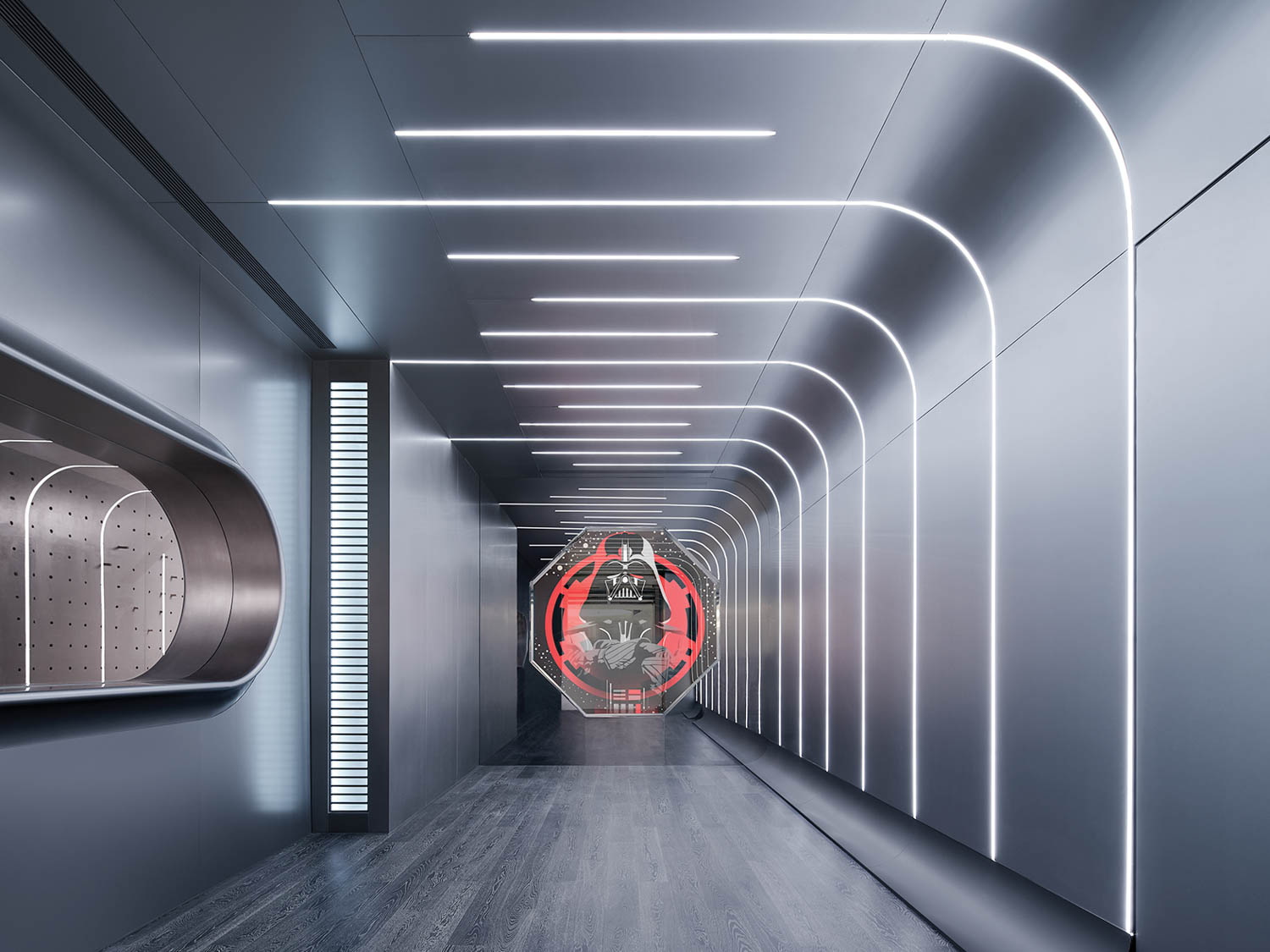 all black music room featuring a Darth Vader motif with LED strip panels