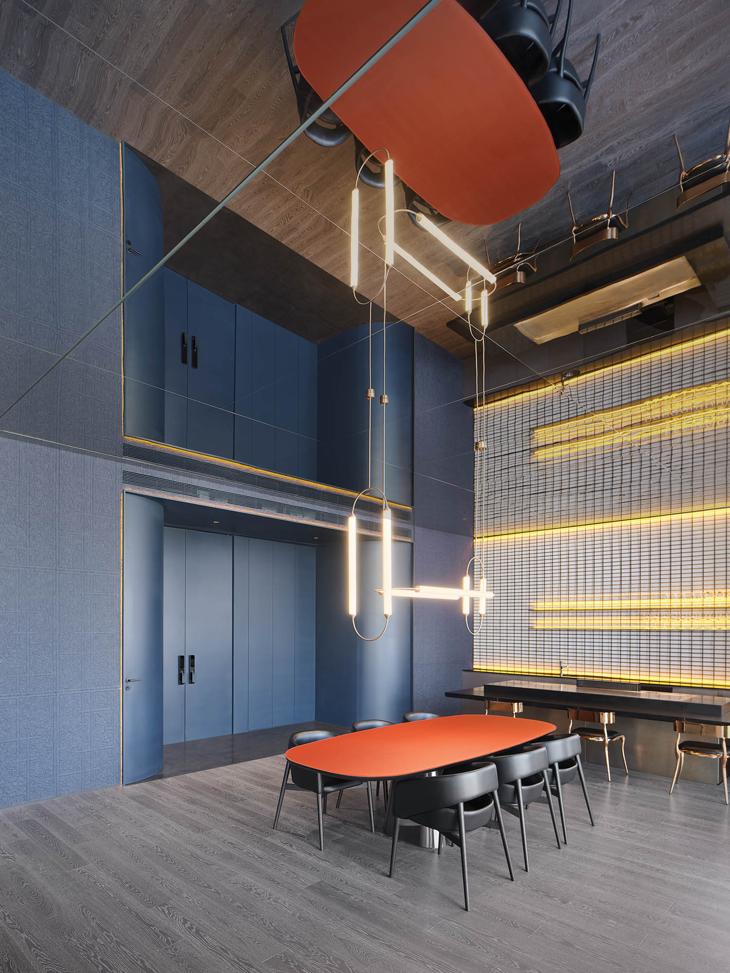 blue banquet room with mirrored ceilingscape and yellow lights