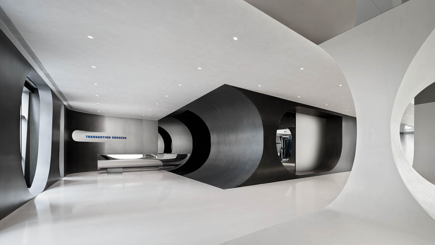 reception area with custom stainless-steel desk